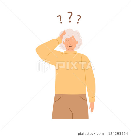 Senior woman suffering from brain fog and cognitive dysfunction. Neurological disorder concept. Confused elderly woman with dementia symptoms. Alzheimer disease. Vector isolated illustration on white. 124295334