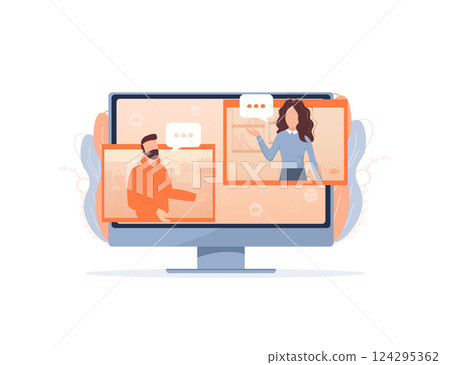 Flat illustration. Video conference. Video call between friends, chatting online by mobile app. Stay at home, work, communication remotely. Vector illustration. 124295362