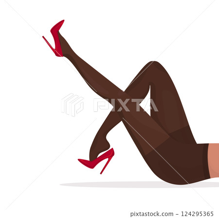 Cartoon flat legs template on white background. Cross-legged legs of girl in high-heeled red shoes. Beauty logo 124295365