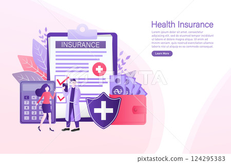 Vector illustration with health insurance concept. Big clipboard with doctor and woman. Healthcare, finance and medical service. Vector illustration in flat style. 124295383
