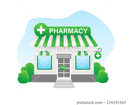 Cartoon illustration with pharmacy building. Cartoon vector people illustration. Flat pharmacy building for healthcare design. 124295397