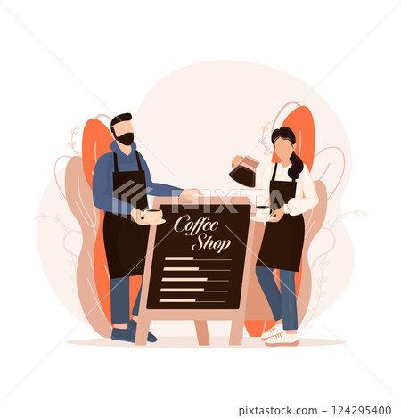 Flat character coffee shop barista. Vector illustration flat design. Vector infographic illustration. Cartoon male barista or waiter standing near menu board. 124295400