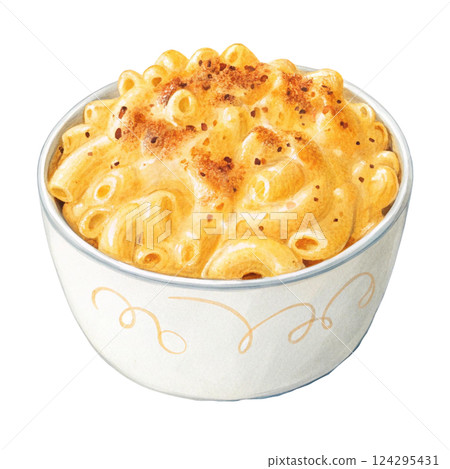 Delicious creamy macaroni and cheese in a bowl, perfect comfort food. Watercolor clipart 124295431