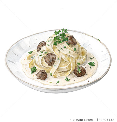 Delicious pasta with meatballs in creamy sauce, garnished with herbs. Watercolor clipart 124295438