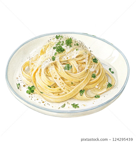 Delicious plate of creamy pasta topped with herbs and cheese. Watercolor clipart 124295439