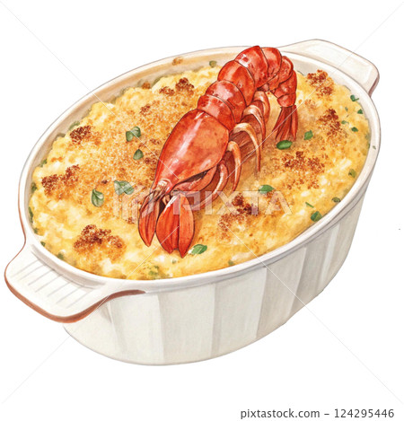 Delicious seafood casserole topped with crispy breadcrumbs. Watercolor clipart 124295446