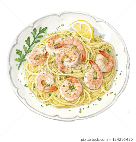 Delicious shrimp pasta garnished with herbs and lemon slices. Watercolor clipart 124295450