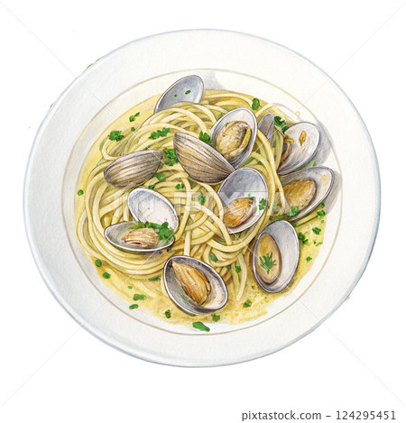 Delicious spaghetti with fresh clams garnished with herbs. Watercolor clipart 124295451