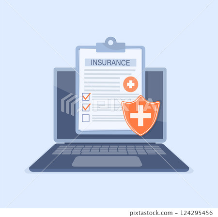 Vector illustration with health insurance concept. Big clipboard with doctor and woman. Healthcare, finance and medical service. Vector illustration in flat style. Vector illustration with health insurance concept. Big clipboard with doctor and woman. Healthcare, finance and medical service. Vector illustration in flat style. 124295456