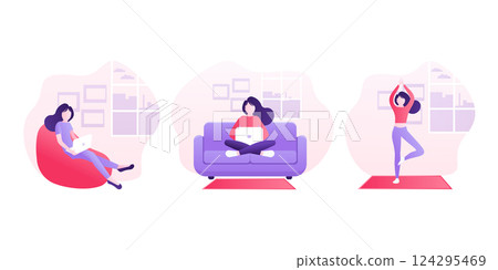 Stay home concept. Flat icon. Self isolation, quarantine due to coronavirus. Work from home. 124295469