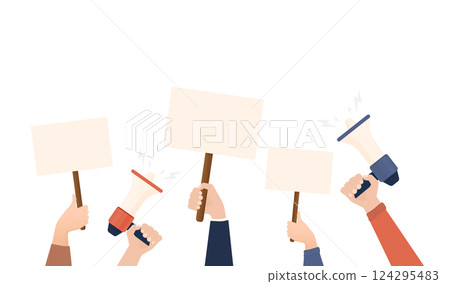 Hands with empty placard. Flat character. Vector flat design. Poster banner design. Female hand. Game sign. Hands with empty placard. Flat character. Vector flat design. Poster banner design. Female hand. Game sign. 124295483