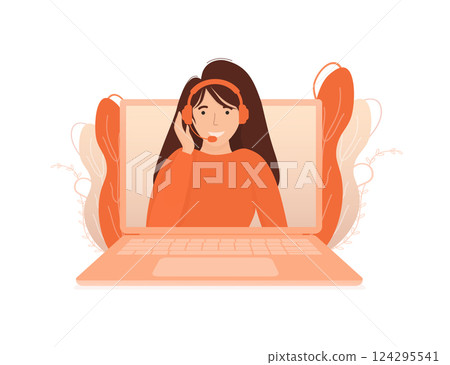 Call center, hotline flat vector illustrations. Smiling office workers with headsets cartoon characters. Character with headphones and microphone with laptop. 124295541