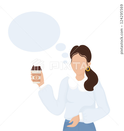 Girl with coffee in sketch style. Vector art illustration. Fashion print. Funny party. Vector art illustration. 124295569
