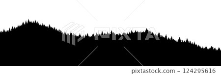 Mountains silhouettes landscape background. Rocky panorama with mountains skyline and pine tree forest. Scenery with slopes, vector cartoon illustration 124295616