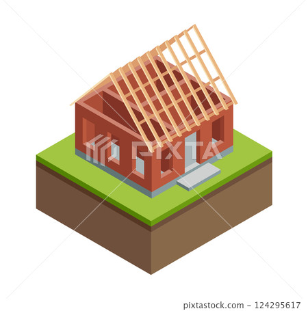 House construction Isometric stage. Visualization of modern building process. Roof installation phase. Wood construction of roof for an isometric house 124295617