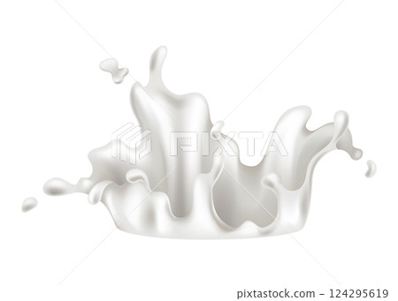 Realistic milk splash vector illustration. Milk poured into glass on white background 124295619