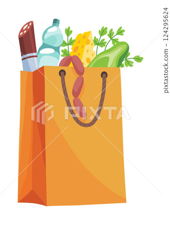 Paper shopping bag products grocery. Different food and beverage products, grocery shopping. Grocery supermarket. Fresh organic food and drinks. Grocery delivery concept Paper shopping bag products grocery. Different food and beverage products, grocery shopping. Grocery supermarket. Fresh organic food and drinks. Grocery delivery concept 124295624