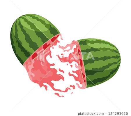 Watermelon natural sweet food. Icon of ripe red fruit cut on slice in 3d realistic cartoon style. Fresh and juicy colorful berry isolated on white background Watermelon natural sweet food. Icon of ripe red fruit cut on slice in 3d realistic cartoon style. Fresh and juicy colorful berry isolated on white background 124295626