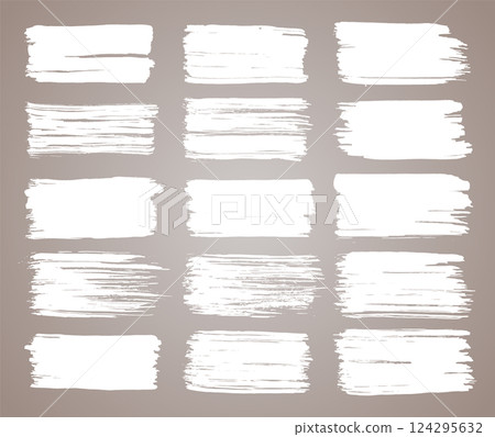Vector paint brush set. White ink grunge brush strokes. Grunge design elements. Painted ink stripes. Creative isolated spots. Ink smudge, abstract shape stains and smear set 124295632