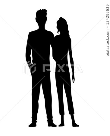 Couples in love silhouette. Man and woman standing together. Romantic black silhouette of loving pair boy and girl. Vector illustration Couples in love silhouette. Man and woman standing together. Romantic black silhouette of loving pair boy and girl. Vector illustration 124295639
