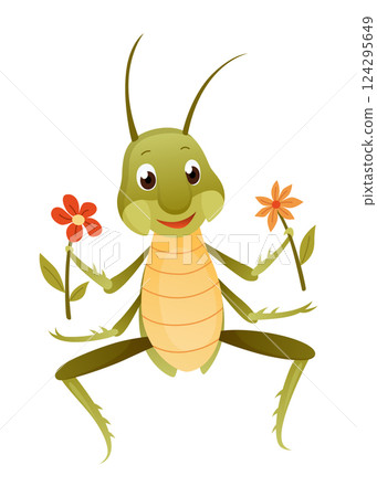 Playful Cartoon Grasshopper Character in a Dynamic Pose 124295649
