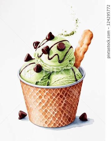A delicious mint chocolate chip ice cream in a waffle cup. watercolor clipart. 124295772