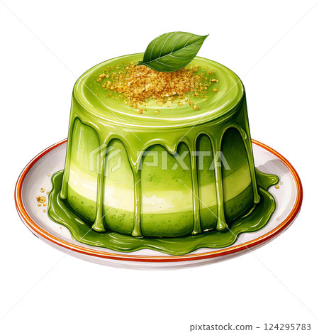 Delicious green jelly dessert with a glossy finish and garnish. watercolor clipart. 124295783