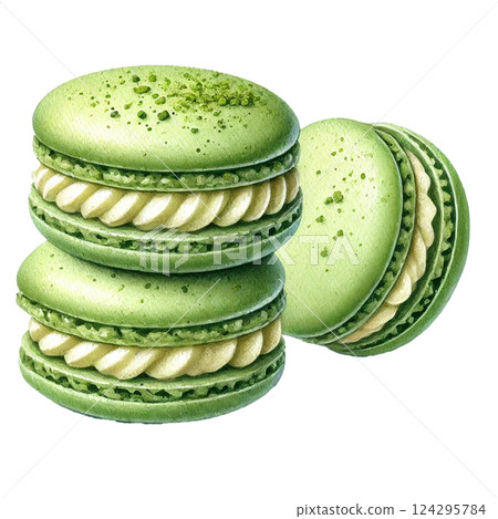 Delicious green macarons stacked elegantly for dessert lovers. watercolor clipart. 124295784