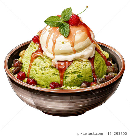 Delicious matcha dessert topped with cream and fruits. watercolor clipart. 124295800