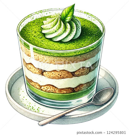 Delicious matcha dessert with layers of cream and sponge. watercolor clipart. 124295801