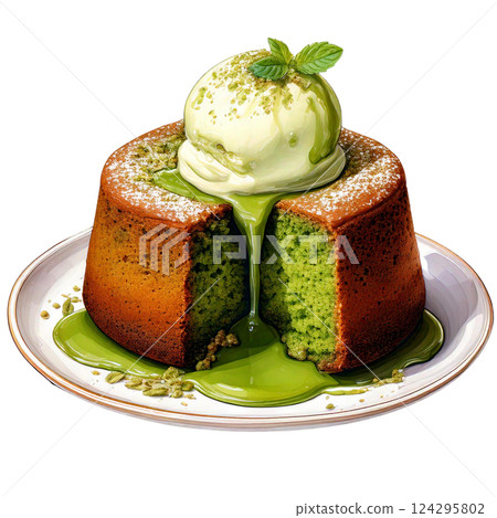 Delicious matcha lava cake with melting ice cream on top. watercolor clipart. 124295802