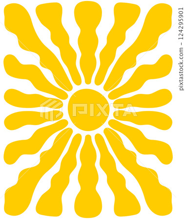 Groovy sun rays background. Sunburst, sunrise or sunset vertical poster. Spring or summer theme wallpaper. Good vibes concept. Modern funny print. Hippy design. Vector flat illustration 124295901