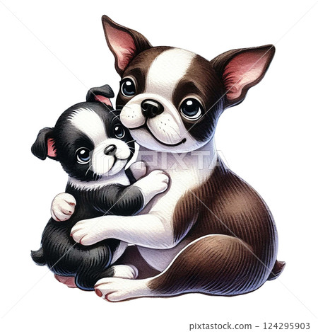 A cute illustration of a dog hugging a puppy with big, expressive eyes. Animal cartoon. A cute illustration of a dog hugging a puppy with big, expressive eyes. Animal cartoon. 124295903