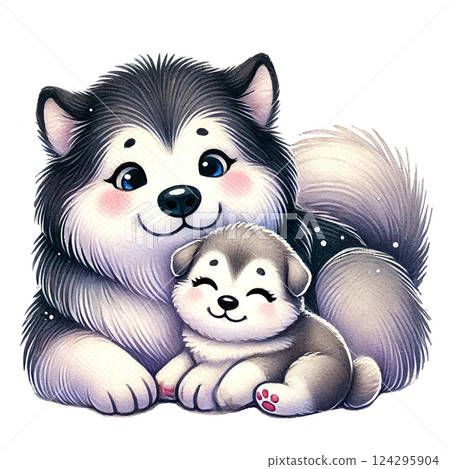 A cute illustration of a mother and puppy dog cuddling together. Animal cartoon. A cute illustration of a mother and puppy dog cuddling together. Animal cartoon. 124295904
