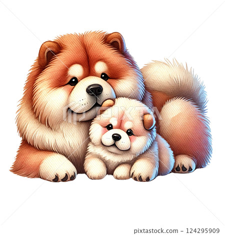 A fluffy dog and puppy cuddling together in a warm embrace. Animal cartoon. 124295909