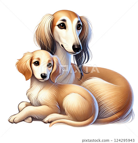 Two adorable dogs lounging together in a cozy setting. Animal cartoon. 124295943