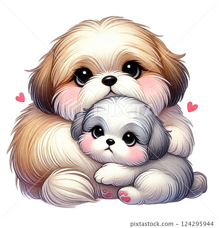 Two adorable, fluffy puppies cuddling together in a sweet moment. Animal cartoon. 124295944