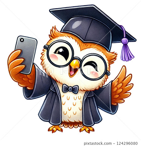 A happy graduate owl taking a selfie in a cap and gown. Animal cartoon character. 124296080