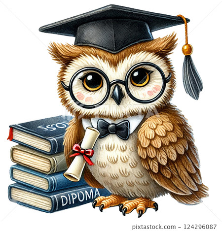 A wise owl wearing a graduation cap and glasses with diploma. Animal cartoon character. 124296087