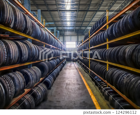 Tires lined up in a repair shop 124296112
