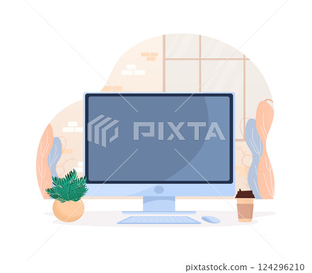 Modern office place, great design for any purposes. Background vector illustration. Flat cartoon vector illustration. Room interior. Home workplace. Office furniture. Modern office place, great design for any purposes. Background vector illustration. Flat cartoon vector illustration. Room interior. Home workplace. Office furniture. 124296210