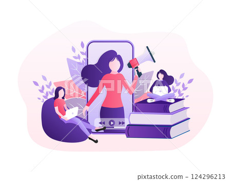 Live webcast in flat style with people. Listen to podcast. Flat illustration. Vector illustration. 124296213