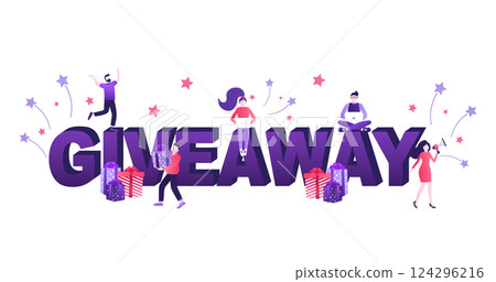 Giveaway banner. Trendy ribbon.Holiday concept. Vector text. Post template. Win prize. Minimal background. Vector illustration, design template. 124296216
