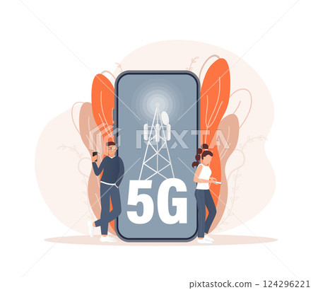Flat 5g people on light background. Digital communication. Internet technology. 124296221