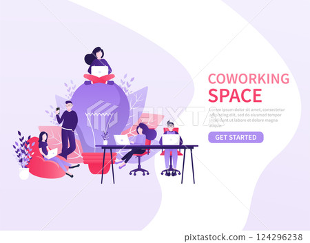 Coworking space illustration. Business people teamwork. Vector flat design. Business people office work. Remote work. Coworking space illustration. Business people teamwork. Vector flat design. Business people office work. Remote work. 124296238