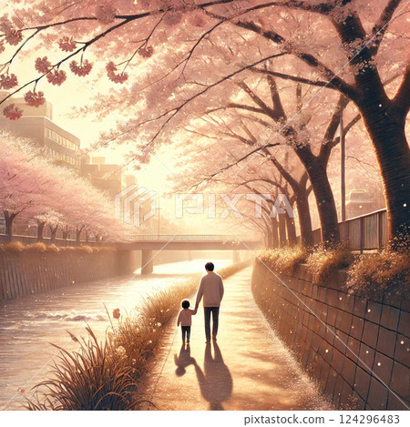 Parents and children watching cherry blossoms at dusk 124296483