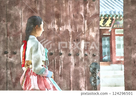 A young woman wearing a rented traditional Korean dress at Gyeongbokgung Palace in Seoul (AI-processed illustration from original image) A young woman wearing a rented traditional Korean dress at Gyeongbokgung Palace in Seoul (AI-processed illustration from original image) 124296501