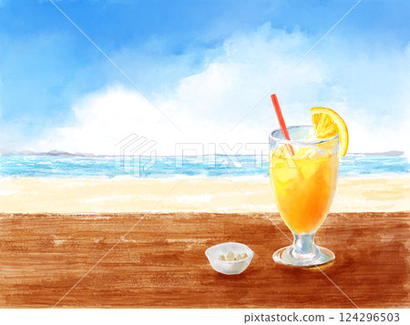 夏日大海與橙汁水彩插畫 124296503