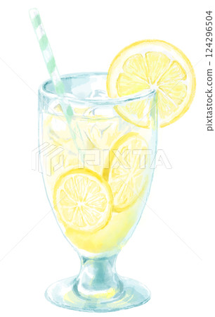 玻璃杯中檸檬水的水彩插圖 124296504