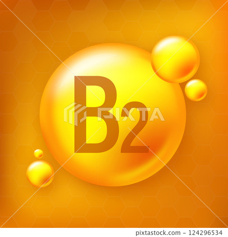 Vitamin B2 gold shining pill capcule icon. Pill capcule vector illustration on yellow isolated background 124296534